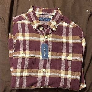 Nautica Men's Casual Plaid Shirt - Burgundy and Tan
